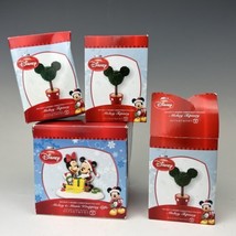 Dept 56 Mickey &amp; Minnie Wrapping Gifts &amp; 3 Topiary - Merry Christmas Vil... - $88.11
