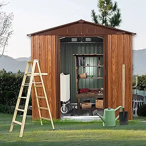 Merax 6ft x 6ft Outdoor Metal Storage Shed with Metal Floor Base, Coffee - £550.64 GBP