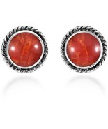 Boho Round Botton Reconstructed Red Coral Glow .925 Sterling Silver Stud - £46.29 GBP