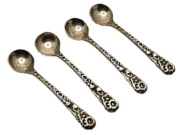 Set of 4 Antique Sterling Silver Repousse Rose Floral Salt Spoons - $103.95