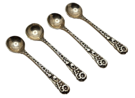 Set of 4 Antique Sterling Silver Repousse Rose Floral Salt Spoons - £82.37 GBP