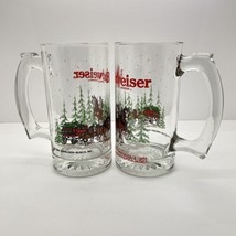 2 Vintage Budweiser Clydesdales Beer Mug Holiday Winter Glass Collectible 1988 - £7.00 GBP
