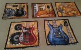 5pc guitars music fabric coasters quilted handmade electric acoustic mic... - £3.92 GBP