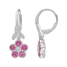 14K White Gold Plated Simulated Pink Sapphire &amp; CZ Flower Drop/Dangal Earrings - £44.17 GBP