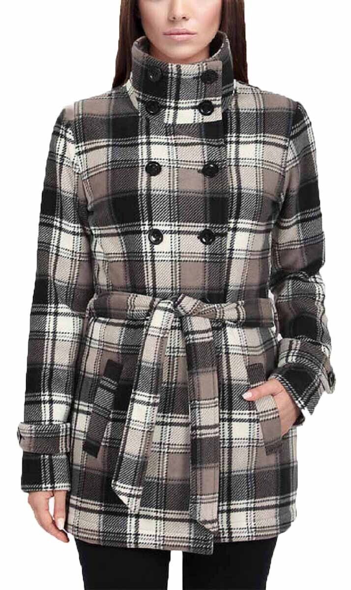 Ike Behar Womens Double Breasted Fleece Belted Jacket, Taupe Plaid, S - $38.01