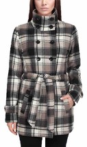 Ike Behar Womens Double Breasted Fleece Belted Jacket, Taupe Plaid, S - £37.97 GBP