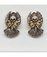 Vintage Guardian Angel Pierced Earrings Two Tone Silver Gold Tone - £7.88 GBP