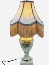 Vintage Porcelain Boudoir Fringe Shaded Lamp Victorian Pink Bouquet Gilded Trim - £102.55 GBP