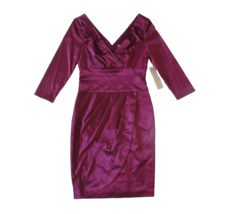 NWT Kay Unger Burgundy Wine Pleated Faux Wrap Stretch Satin Sheath Dress... - $42.00