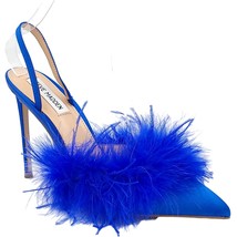 Steve Madden Women Slingback Mule Heels Alexis Size US 6.5 Blue Satin Feathers - £41.12 GBP
