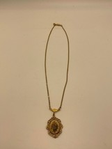 Vintage Signed 1928 Gold Tone Rose Cameo Pendant Necklace with Faux Pearls - £17.99 GBP