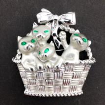 AJC vintage kittens in basket pin - satin &amp; shiny silver-tone big 2&quot; cat brooch - £12.49 GBP
