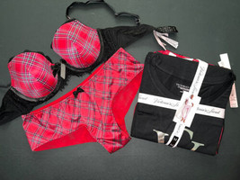 Victoria&#39;s Secret 34C Bra Set+M Flannel Jogger Tee-Jama Pj Set Red Black Plaid - £110.77 GBP