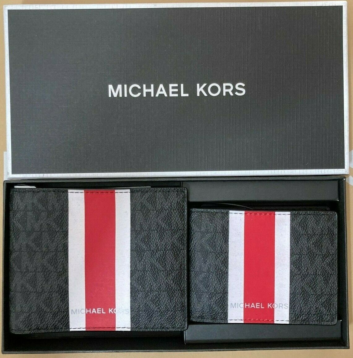 NWB Michael Kors Billfold Box Set Black Flame Red Logo 36H1LGFF1B Dust Bag FS Y - $68.30