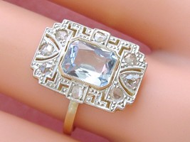 ANTIQUE ART DECO 1.55 ct AQUAMARINE ROSE DIAMOND PLATINUM 18K COCKTAIL R... - $1,335.51