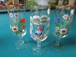 Tk Bavaria Germany Three Hand Painted Wine Glasses Flowers Dancing Couple Souven - $63.69