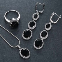 Silver Plated Oval Cut Cubic Zirconia Wedding Jewelry Set Black Gems Crystal Nec - £18.76 GBP