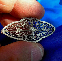 Earth mined Diamond Deco Filigree Brooch Gatsby era Antique Solid 14k White Gold - $926.25