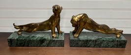 Pair Antique Art Deco Bronze Marble Lion Lioness Cat Sculpture Waldmann? - £340.75 GBP