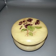 Vintage Yellow Alabaster Hinged Trinket Box Hand Painted Violets Made In Italy - £20.77 GBP