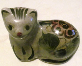 Vintage Mexican Tonala Pottery Hand Painted Ceramic Cat Figurine -Collectible Fo - £31.49 GBP
