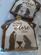O Come Let Us Adore Him Nativity Brown 3.1 x 3 Wood Christmas Ornament - £3.95 GBP