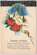 Postcard Christmas Greetings Snowy House Poinsettias Bluebirds - £1.09 GBP