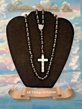 Men/women Black shine Rosary Bead necklace with silver color cross &amp; pen... - $10.88