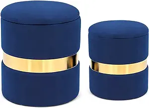 Set Of 2 Velvet Storage Ottoman Round Footrest Stool With Removable Lid,... - $211.99