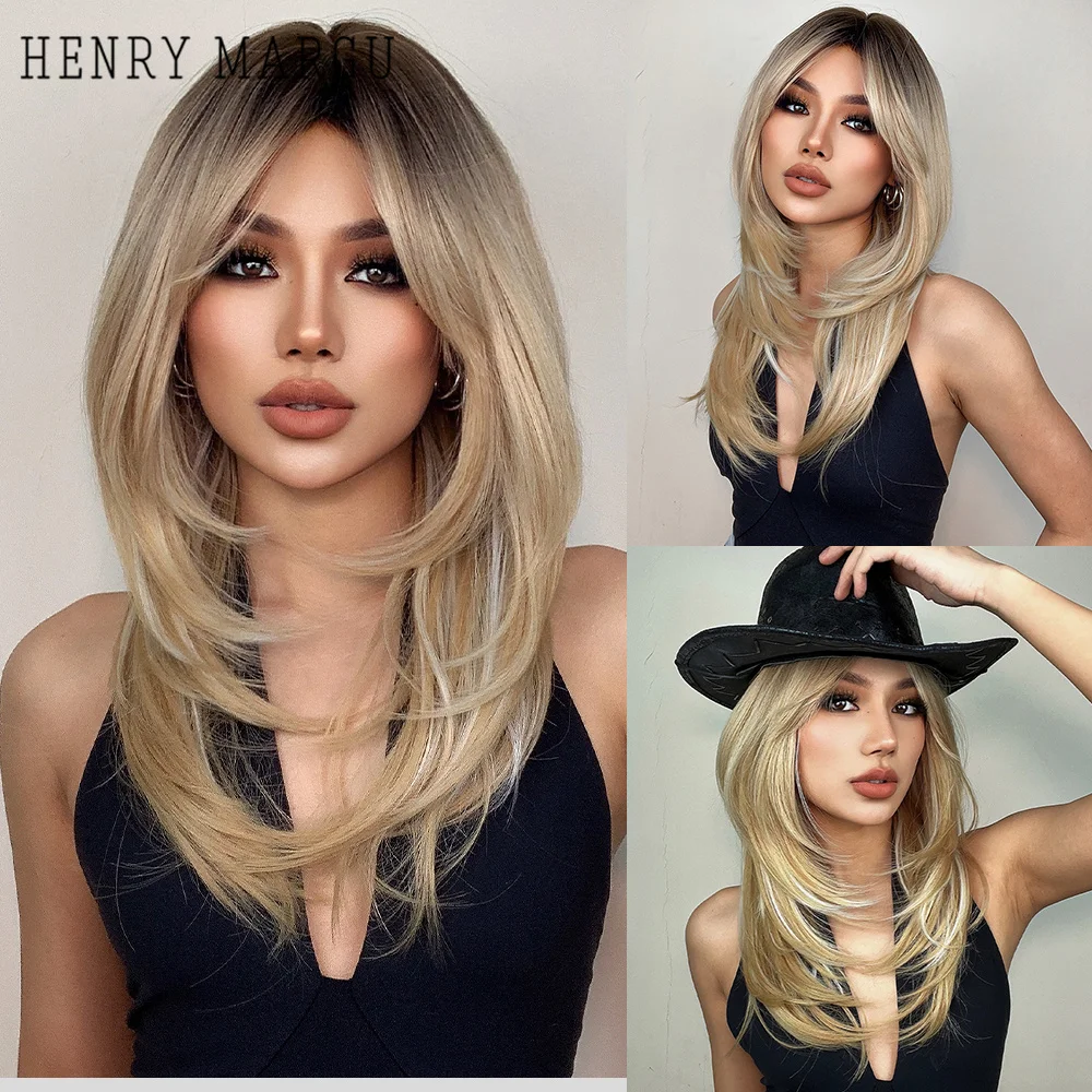 HENRY MARGU Black to Blonde Omber Synthetic Wigs with Bangs Natural Long Layered - £20.33 GBP+