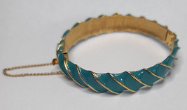 Vintage Schrager Teal Enamel Bangle Bracelet Signed Hinge Gold Tone Swirl  65 - £11.98 GBP