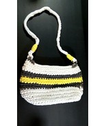 Hand Made Crochet Purse / Shoulder Bag White with Grey &amp; Yellow Stripes - $17.09