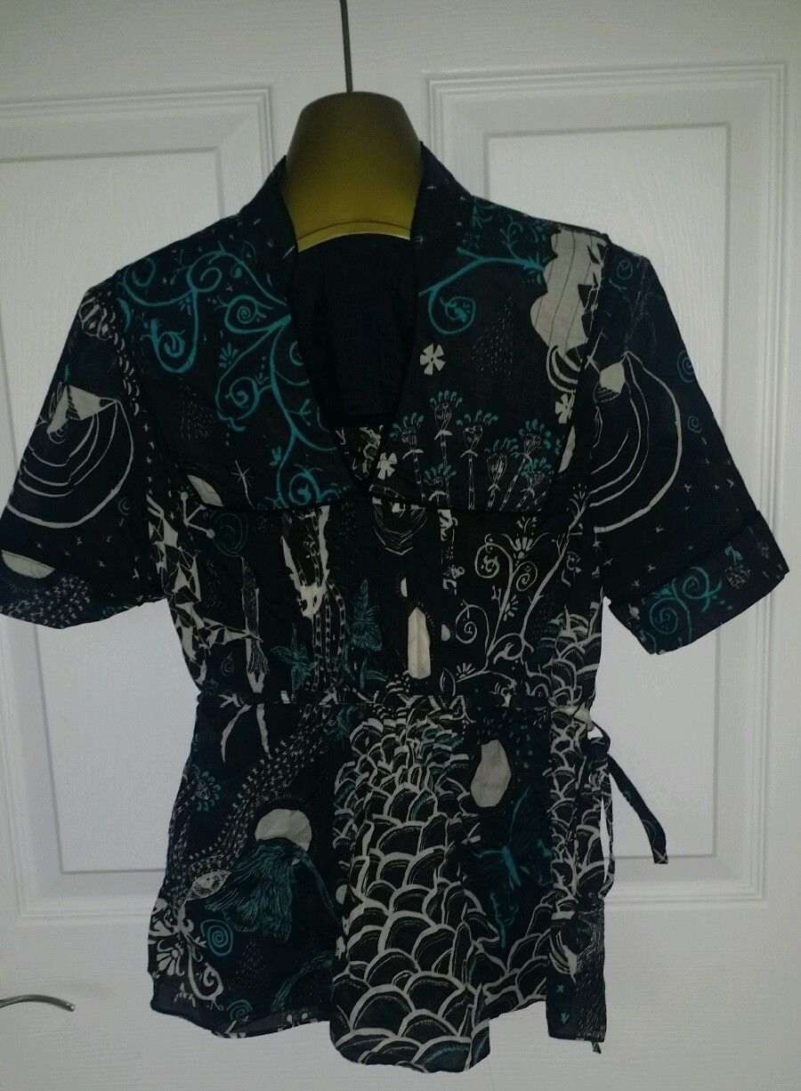 Lucky Brand Womens Black Blue white Boho Pheasant top blouse shirt NWOT Size S - £2.36 GBP