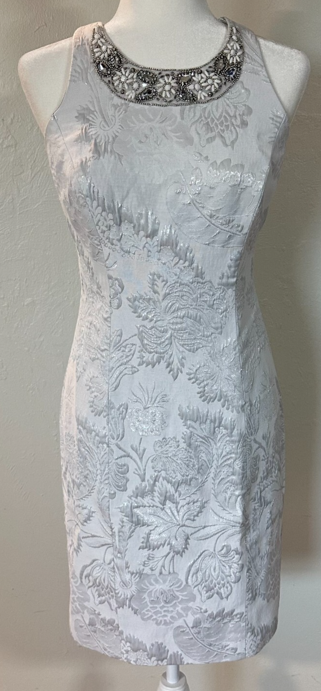 Rickie Freeman Women&#39;s Silver Sleeveless Knee Length Bridal Jacquard Dre... - $149.99