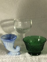 VTG Clairey France Goblet, Indiana Glass Forest Green Custard &amp; Akro Agate Horn - £11.95 GBP