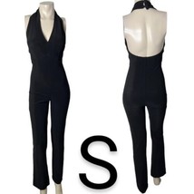 Black Halter V-CutBell Bottoms Backless Knit Stretchy Nylon Jumpsuit~Size S - £26.68 GBP