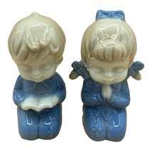 Vintage Pair of Kneeling Children Praying Blue Outfits Ceramic Japan - £8.21 GBP