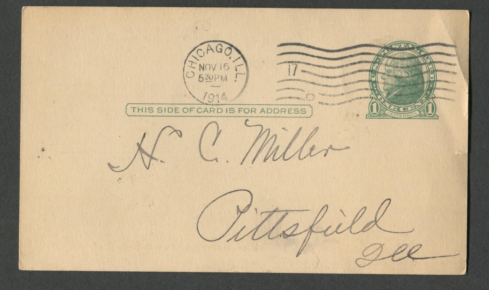 Vintage 1914 Postcard Pre Stamped UX27 1 cent Jefferson Business