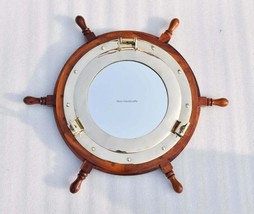 24" Nautical Ship Wheel Mirror Brass Porthole Mirror Wall Hanging Décor - £146.93 GBP