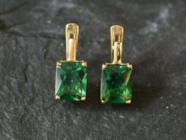Solitaire Push Back Stud Earrings 14K Yellow Gold Finish 4Ct Green Emerald Cut - £89.91 GBP