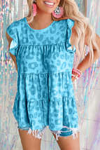 Sky Blue Leopard Print Flutter Sleeve Tiered Tank Top - £13.64 GBP+