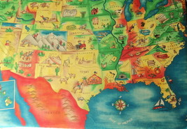 &#39;2001 Vintage Cotton Fabric Panel Children&#39;s Illustrated Map of North America - $10.00