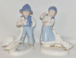 Vtg Boy Girl Geese Figurines Holland Mold Blue White Figures Org. B&#39;day Message - £19.61 GBP