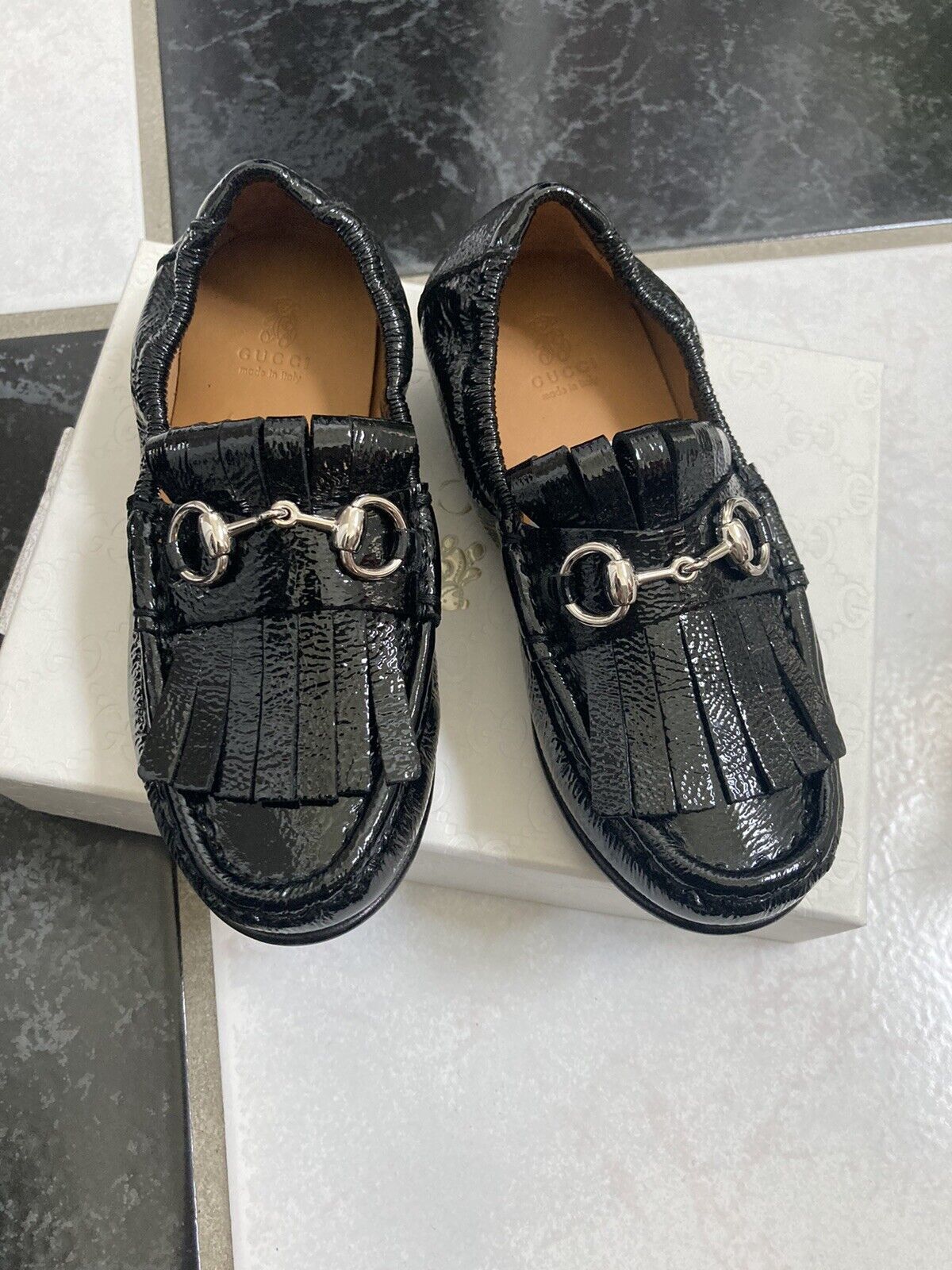 NIB 100% AUTH Gucci Toddler Boys Black Patent Leather Horsebit Loafer Shoes $365 - $178.00