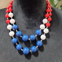 Womens Fashion White Blue Red Lucite Bead Opera Collar Necklace w/ Lobster Clasp - $24.75