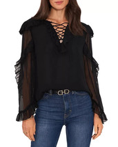 Vince Camuto Womens Ruffled Lace-Up Shirt Blouse Top Black XS B4HP - £15.94 GBP