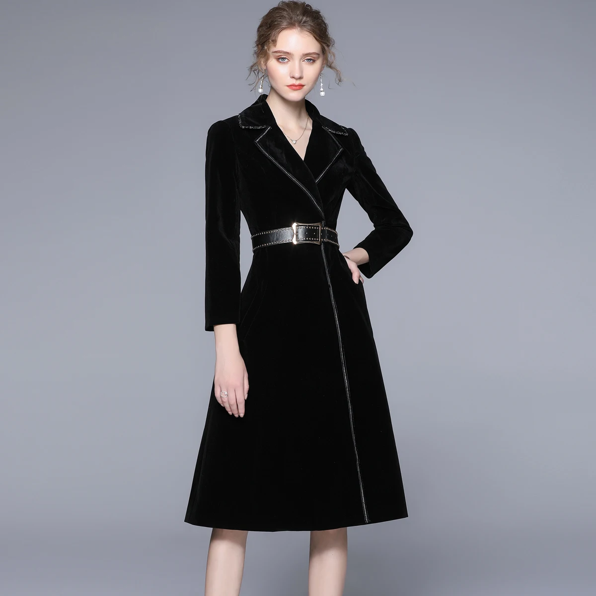 Autumn Winter  Black Velvet Dress Vintage Notched Collar Long Sleeve Party Robe  - £265.84 GBP