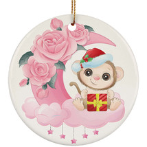 Cute Baby Monkey On Pink Moon Ornament Christmas Gift Decor For Animal Lover - £11.83 GBP