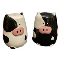Vintage Black &amp; White Ceramic Cow Salt &amp; Pepper Shakers Pink Nose &amp; Spotted - $21.78