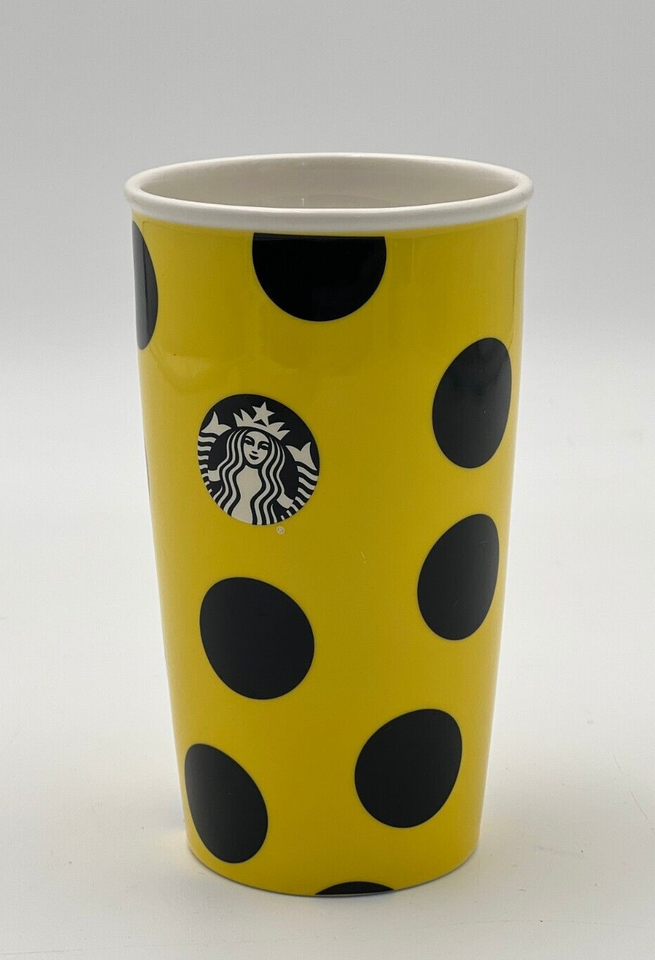 Starbucks 2015 Ceramic Yellow & Black Polka Dot Travel Coffee Mug Tumbler 12 oz - $17.82